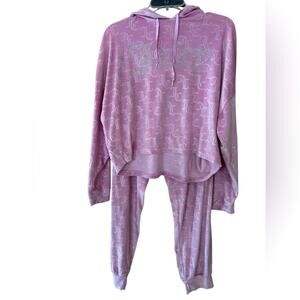 Juicy Couture Pajama 2 Piece Set Women L Pink Sleepwear Hoodie Velour Rhinestone